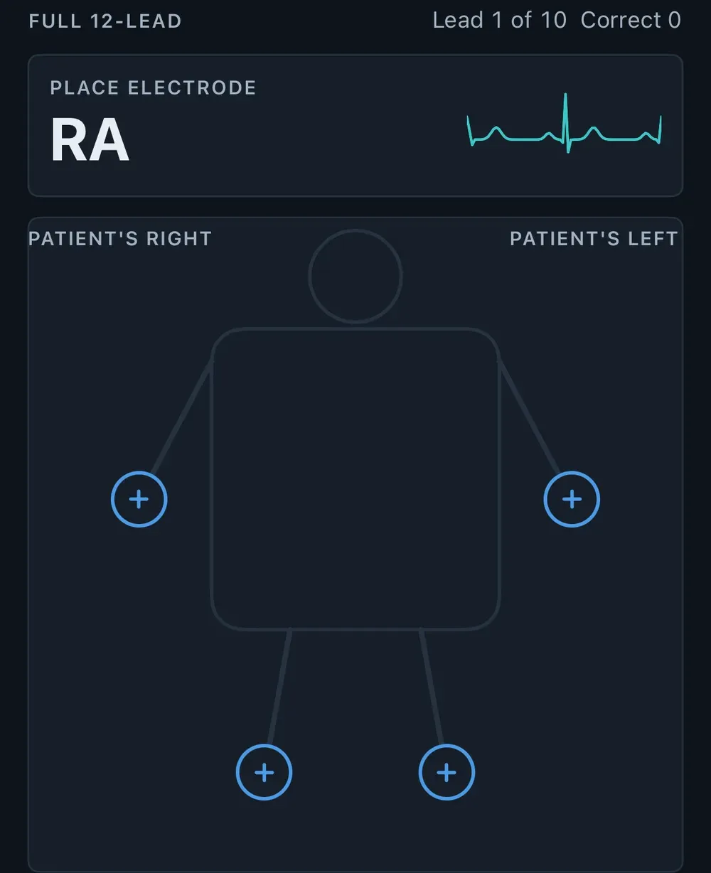 CCMA EKG Leads trainer asking to place the RA electrode on a body diagram
