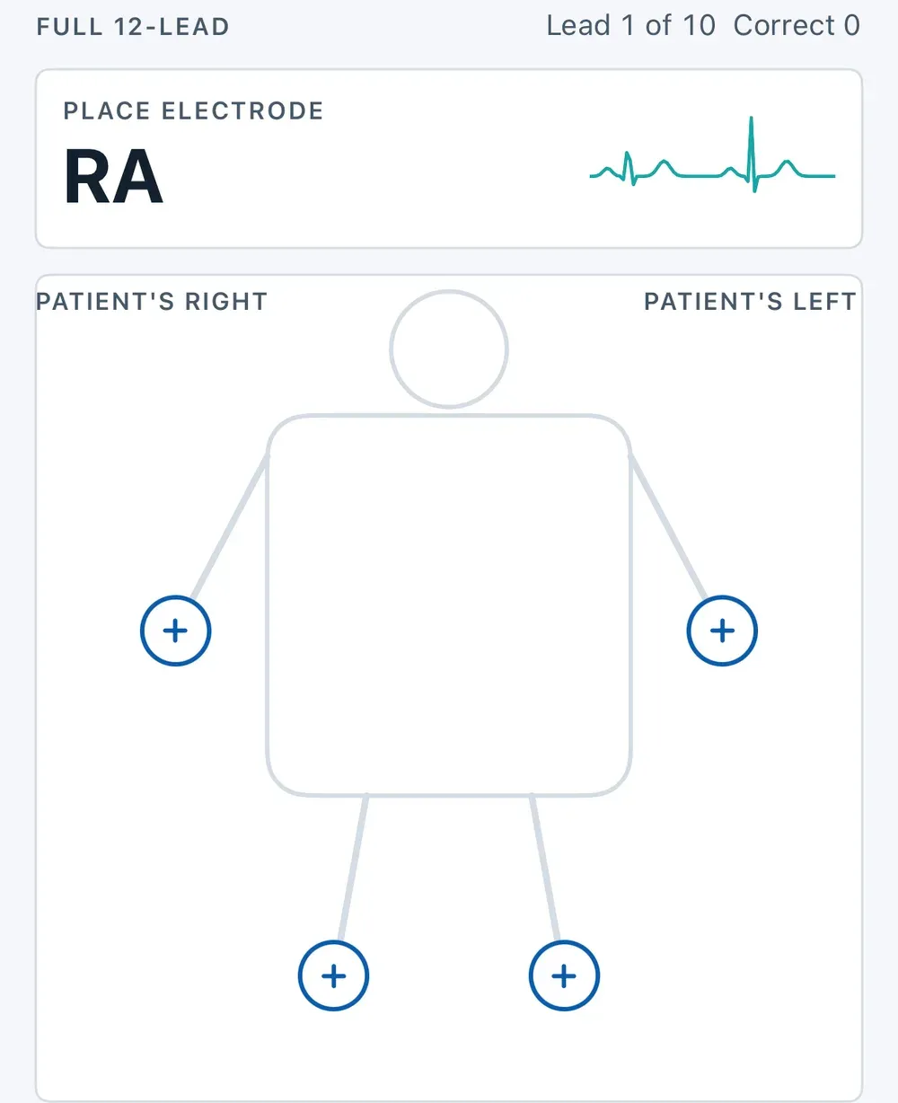 CCMA EKG Leads trainer asking to place the RA electrode on a body diagram