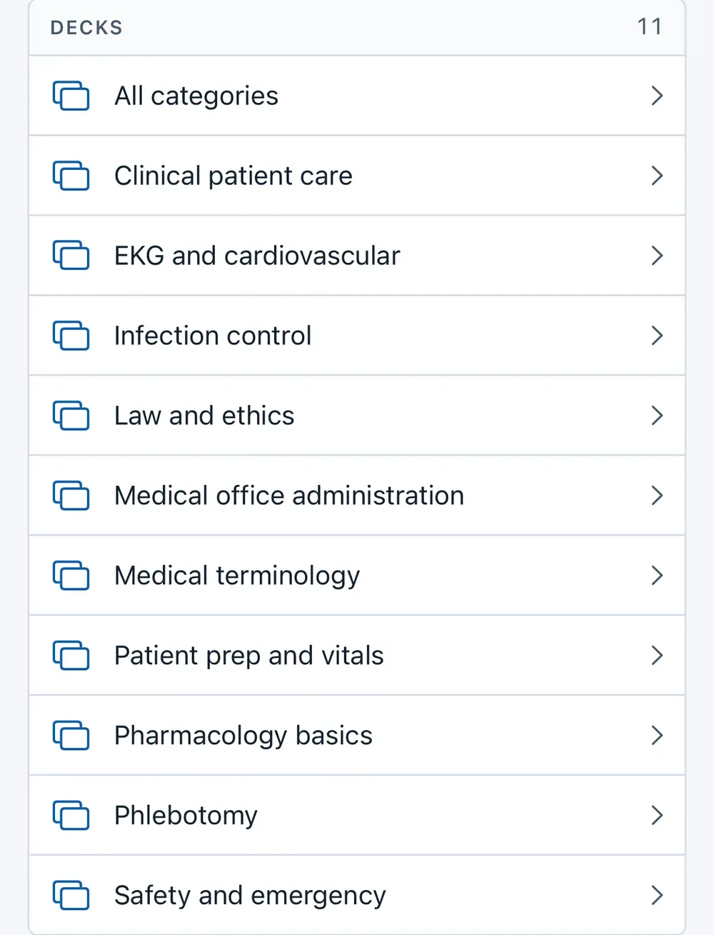 CCMA flashcard decks, one per category