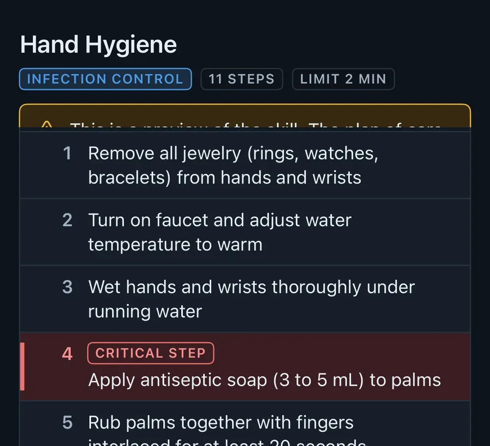 CCMA skill walkthrough for Hand Hygiene with a critical step flagged