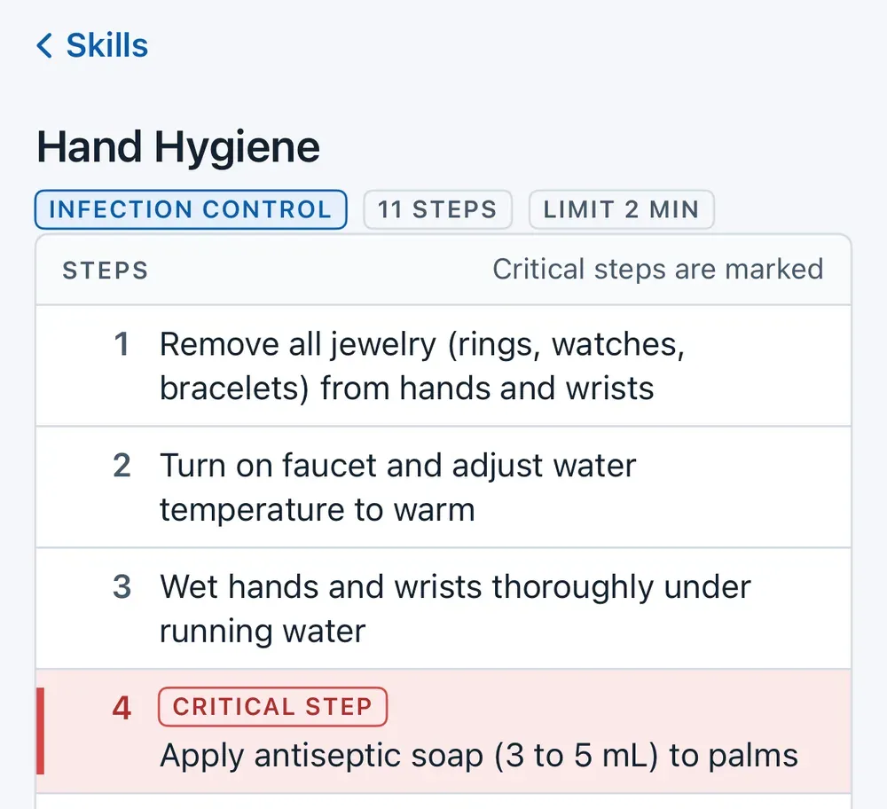 CCMA skill walkthrough for Hand Hygiene with a critical step flagged